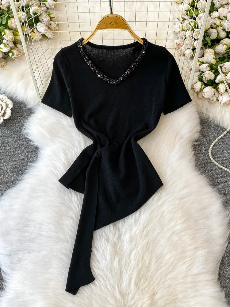 여성 패션 반팔 탑 셔츠 여름 한국 스타일 새로운 섹시한 스팽글 v 넥 불규칙한 슬림 우아한 티셔츠