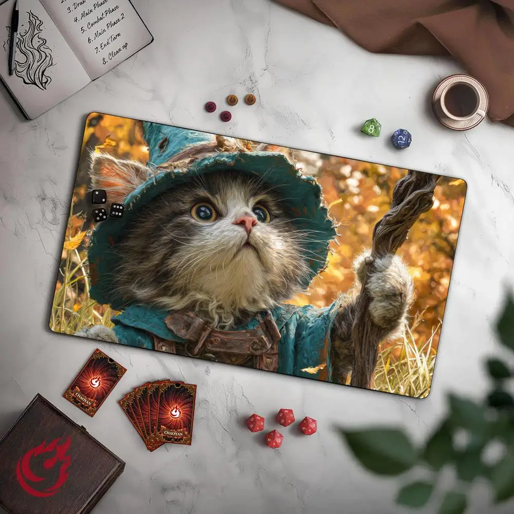Wooden Staff and Cat Sorcerer MTG Playmat Magic Card Mat Stitched Edge Non-Slip Durable Tabletop playmat Board Game Mat for TCG
