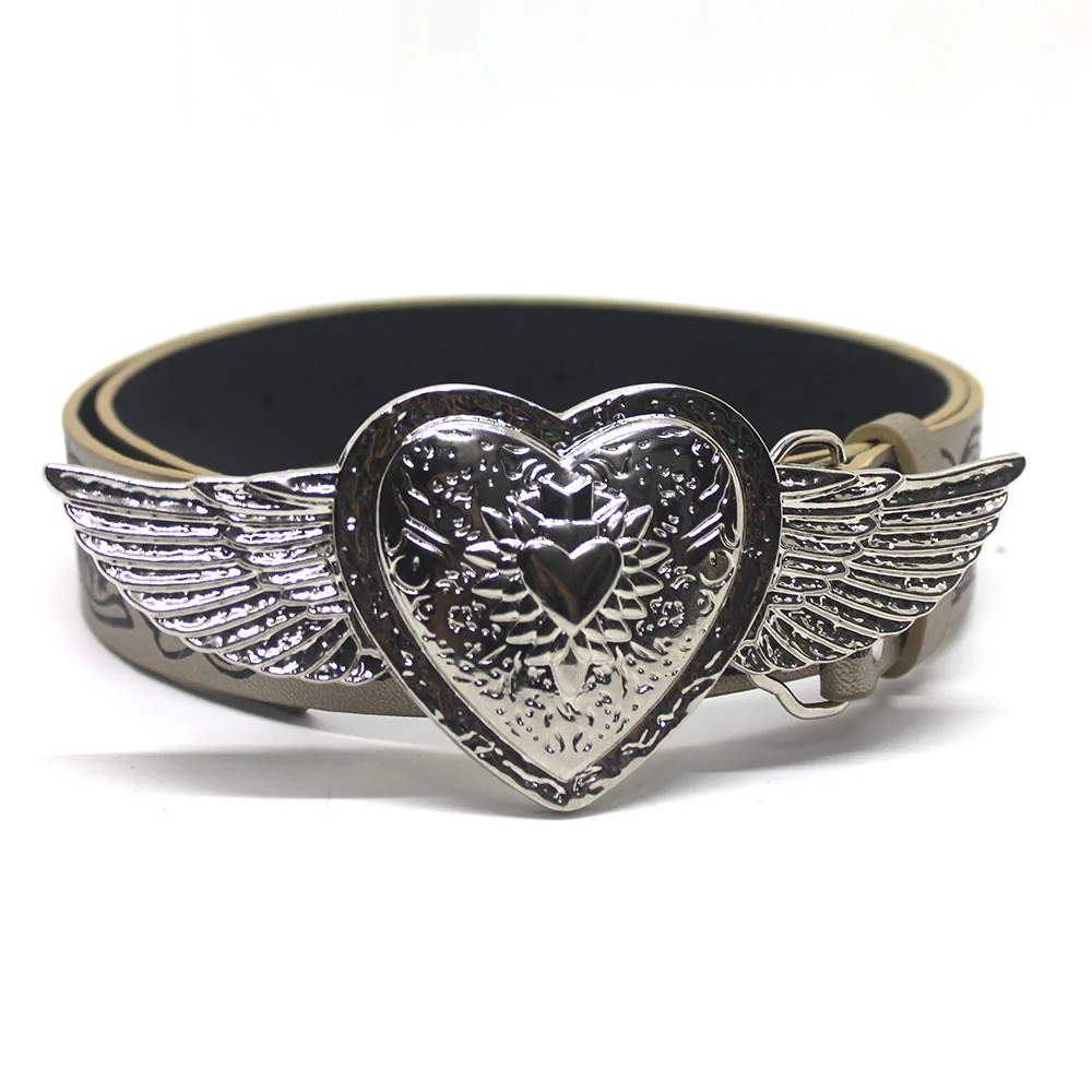 

Luxury Brands Goth Retro Love Heart Wing Buckle Waistband Female Jeans Dress Accessories Belts Embossed Waistband Accessories