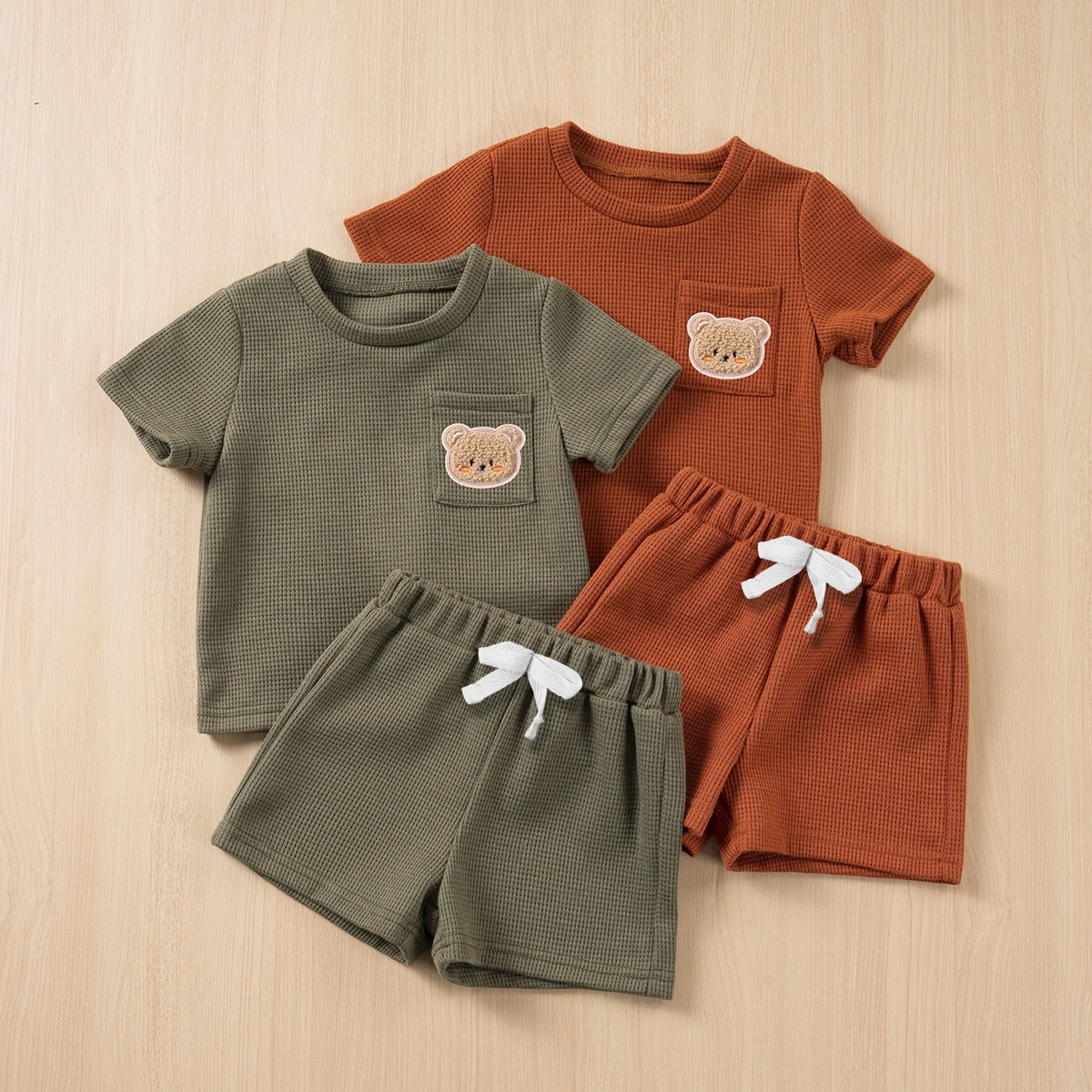 Kids Suit Summer Boys Girls Solid Colour Suit 0-6Y Cute Bear Short Sleeve + Breathable Shorts 2pcs Comfortable and Skin-friendly