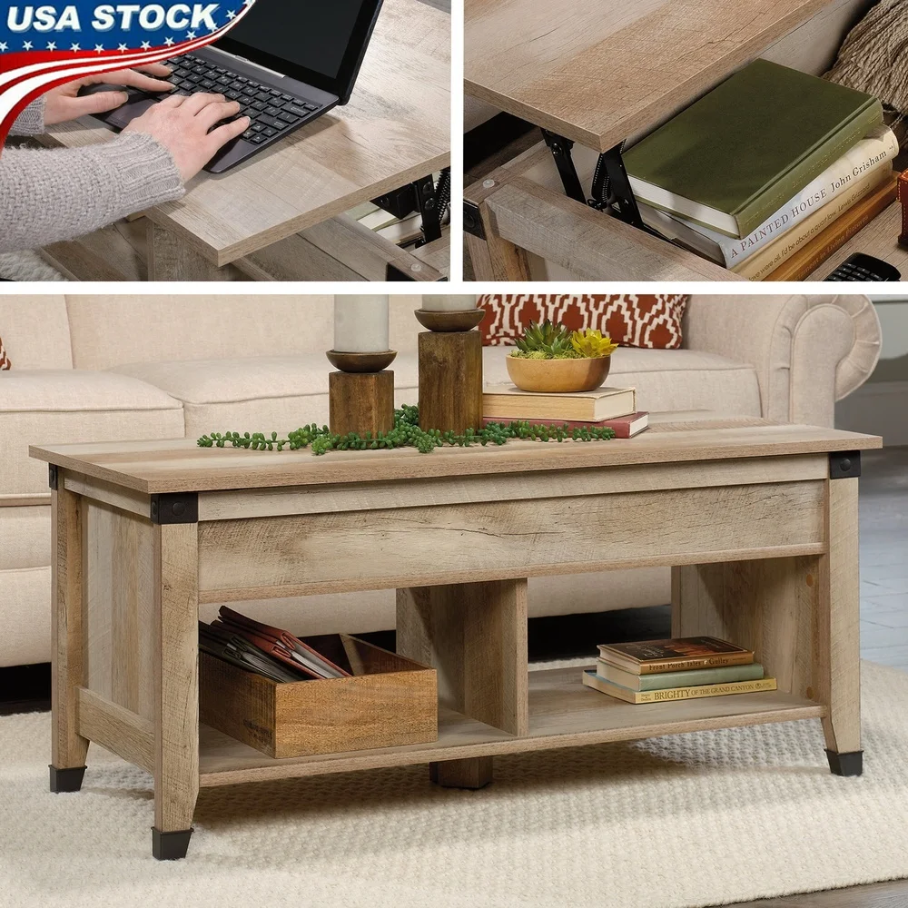 

Журнальный столик с подъемным верхом со скрытым хранилищем и открытыми полками для гостиной, домашнего офиса, рабочая станция, отделка из кулисного дуба