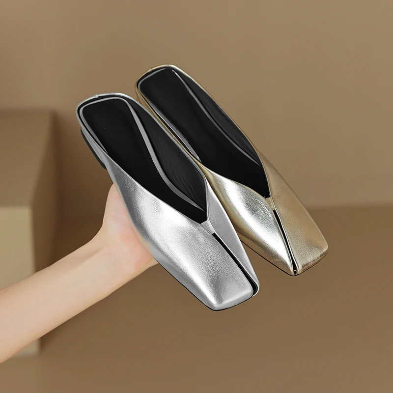 2026 new summer women sandals natural leather 22-25cm cowhide+sheepskin square toe mules low heel hollow-out women shoes fashion