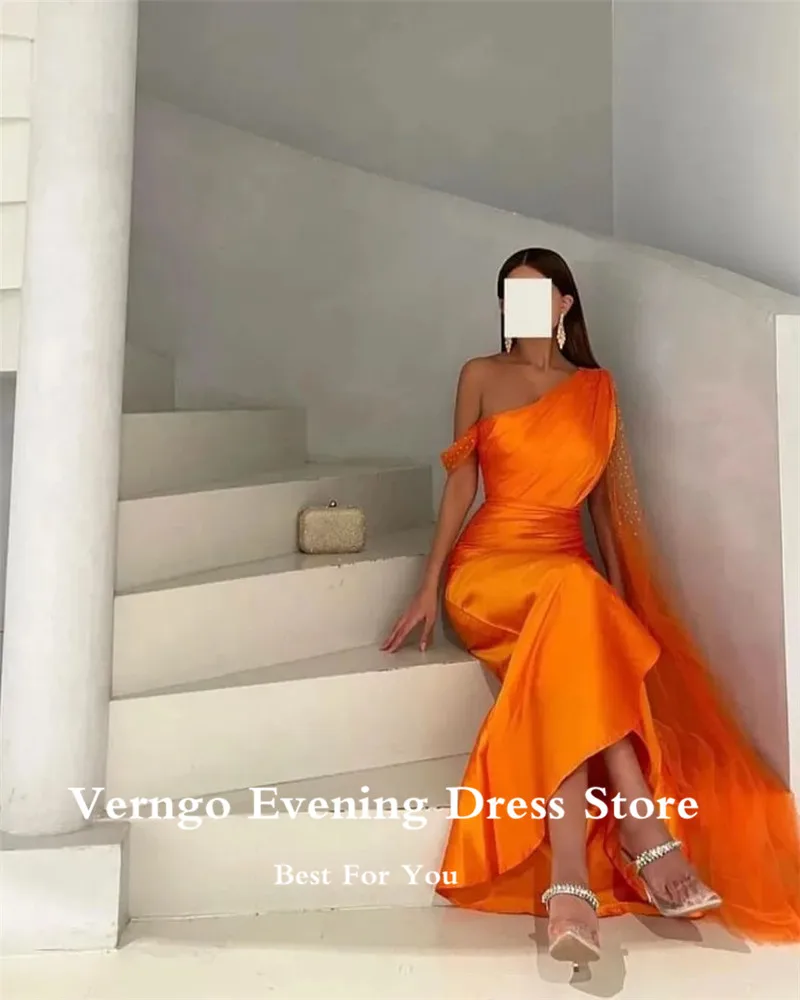 Verngo Bright Orange Satin Mermaid Evening Party Dresses One Off Shoulder Sequin Tulle Cape Ankle Length Arabic Women Prom Gowns