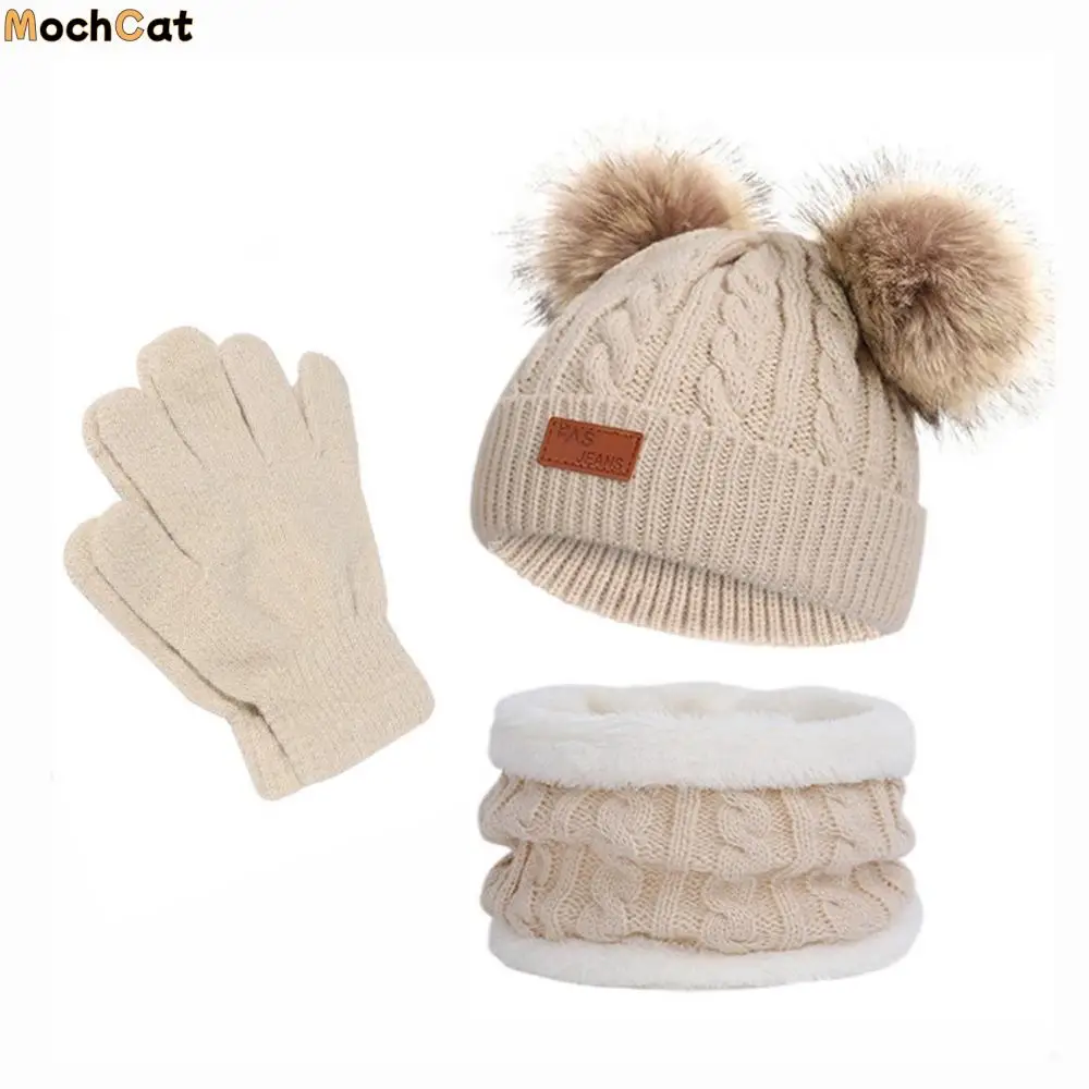 

Сплошной цвет, детская шапка, шарф, перчатки, комплект, теплая утолщенная вязаная шапка-бини, вязаные шапки с помпоном, ветрозащитный помпон, детский чепчик для девочек и мальчиков