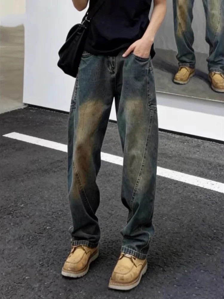 

American Retro Knife Jeans Men's Spring Autumn New Sle Trendy Loose Straight Leg Long Pants Casual Wear Pure Color