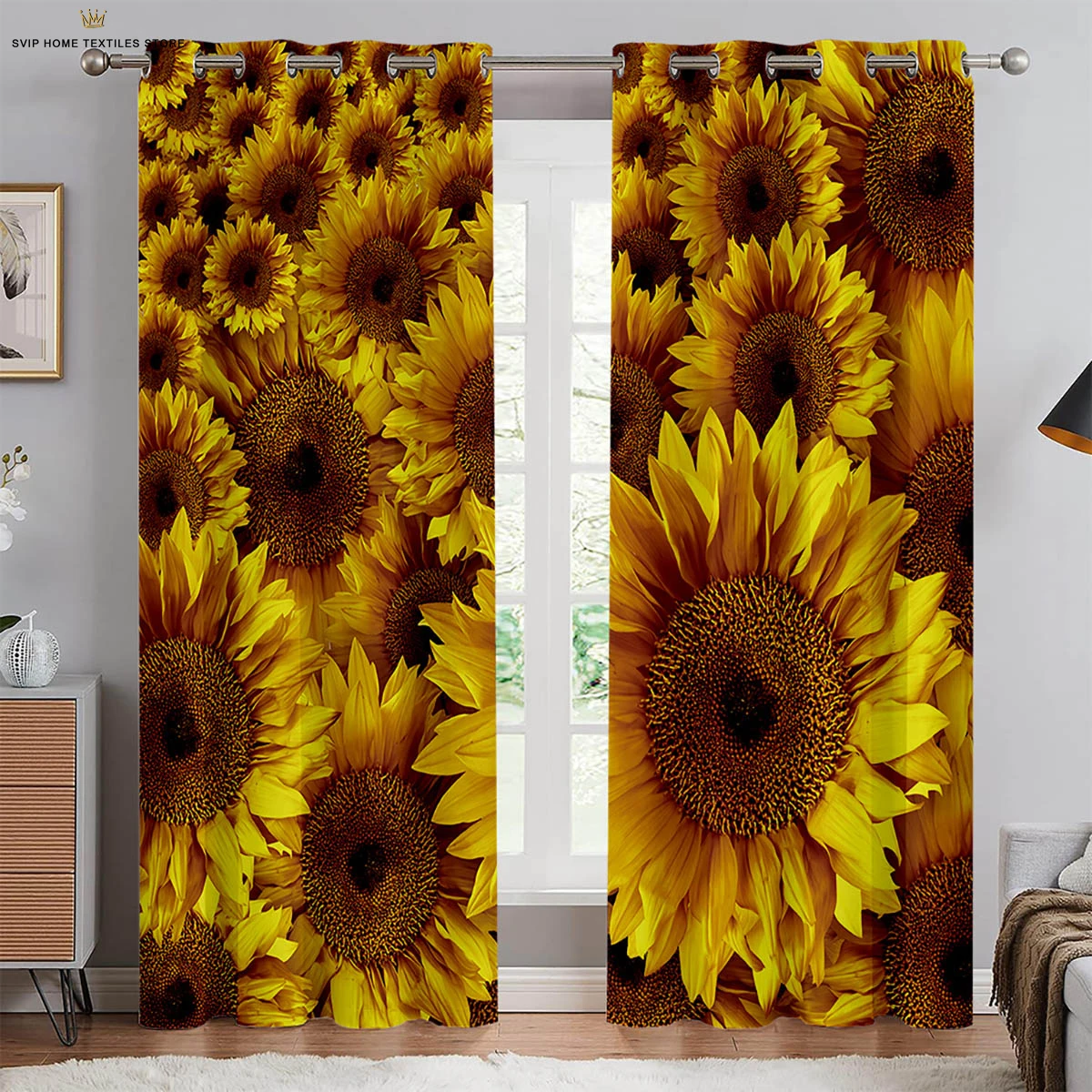 

Sunflower Retro Floral Print Curtains, Pastoral Style Curtains, Bedroom, Living Room, Homestay, Decorative, Can Be Customize,