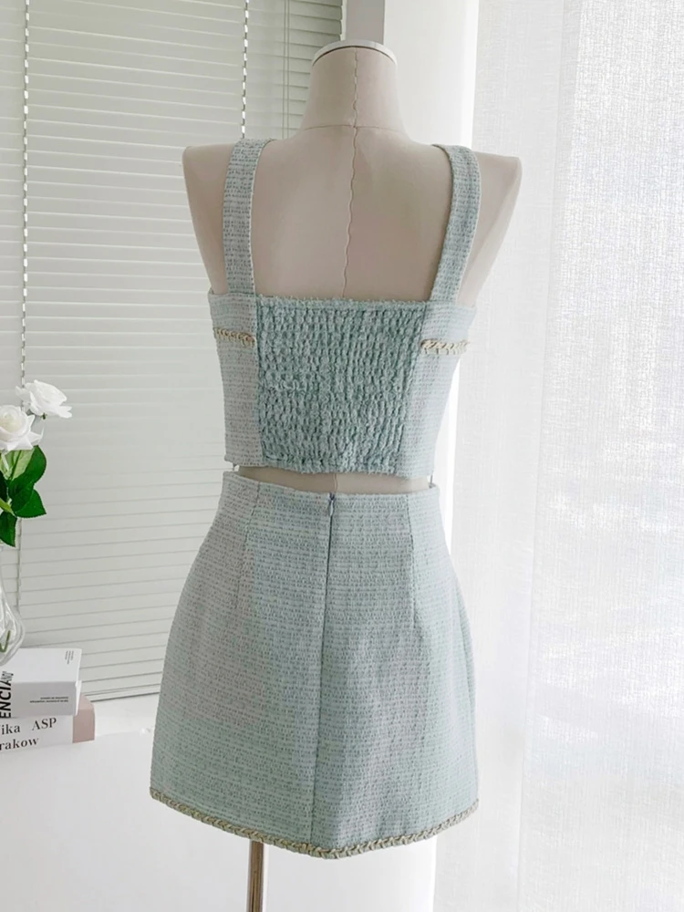 Summer Fall New Mint Green Braided Tweed Two Piece Set Women Sexy Halter Crop Tops Mini Skirt Suits Female Girls Fashion Outfit