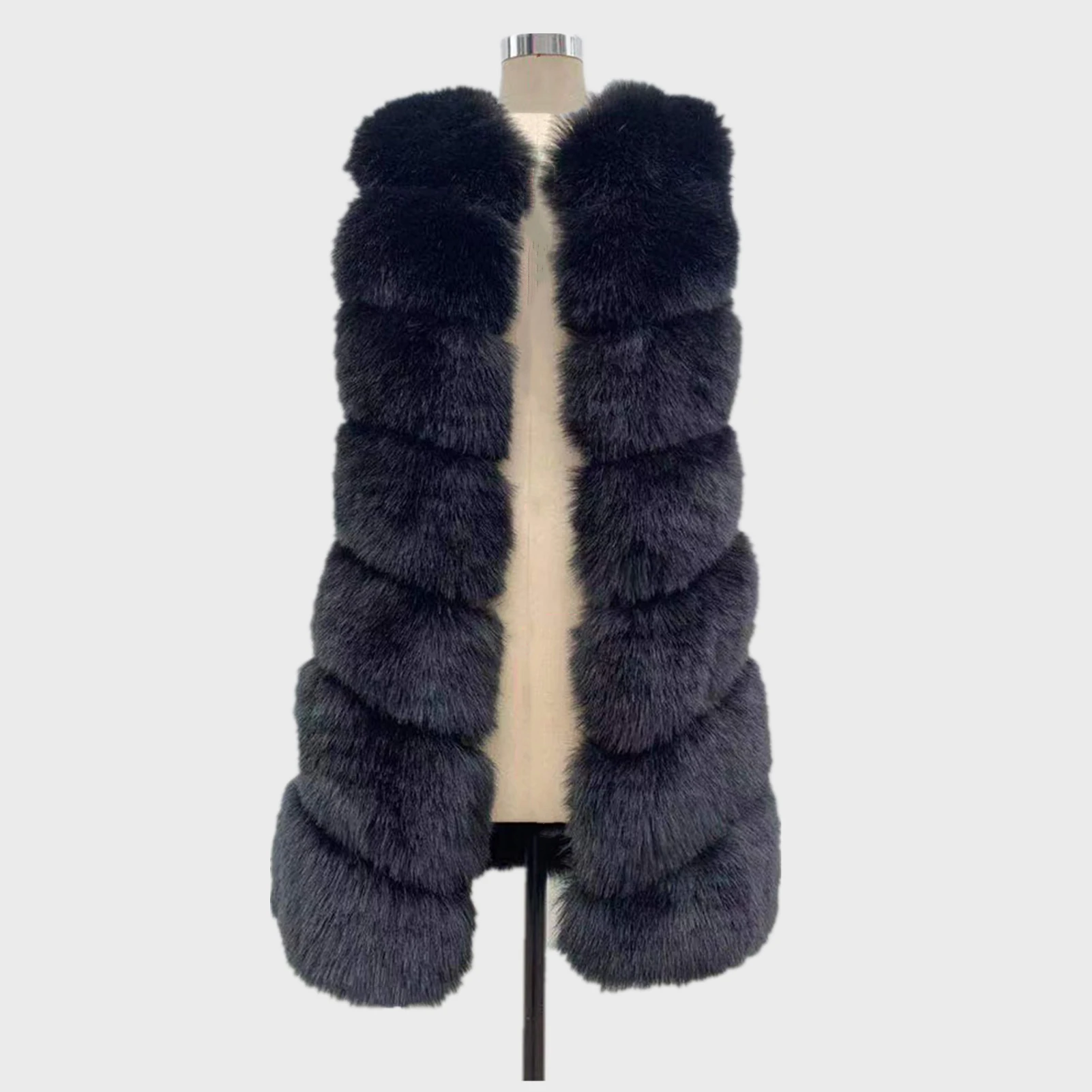 Women 80CM Winter Sleeveless Faux Fur Vest Coat Thick Warm Faux Fox Fur Coat Jacket Outwear