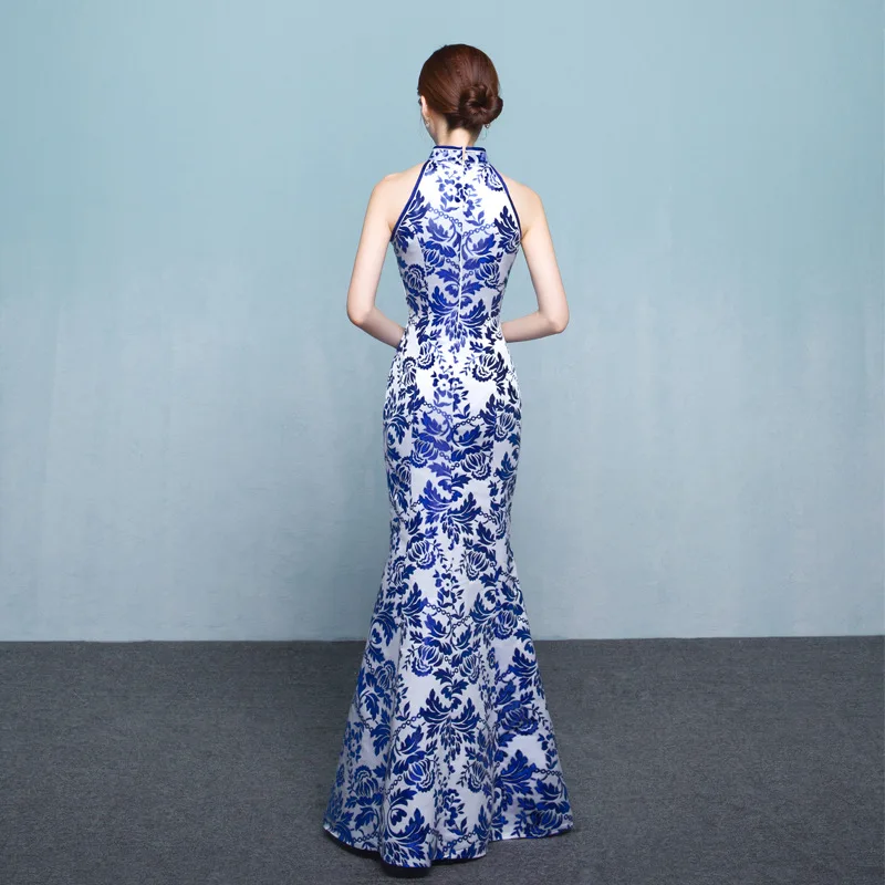 Ele Long 2025 Nowa Damska Sukienka Qipao Wiosenna Występowa Niebiesko-Biała Porcelana Rozmiar Plus Ele Qipao