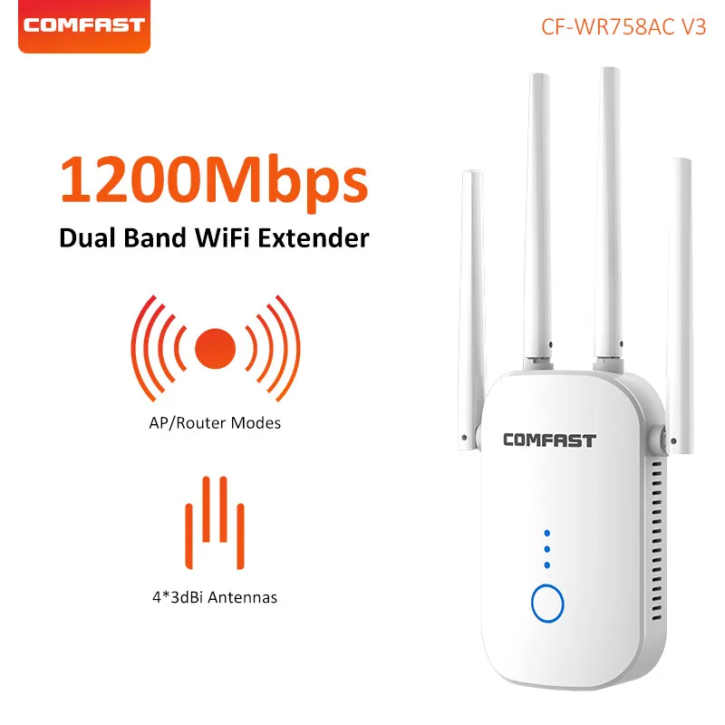 

COMFAST 1200Mbps WiFi Repeater Amplifier Wireless WiFi Range Extender 2.4/5Ghz Wi fi Router Booster 4*3dbi Antenna CF-WR758ACV3