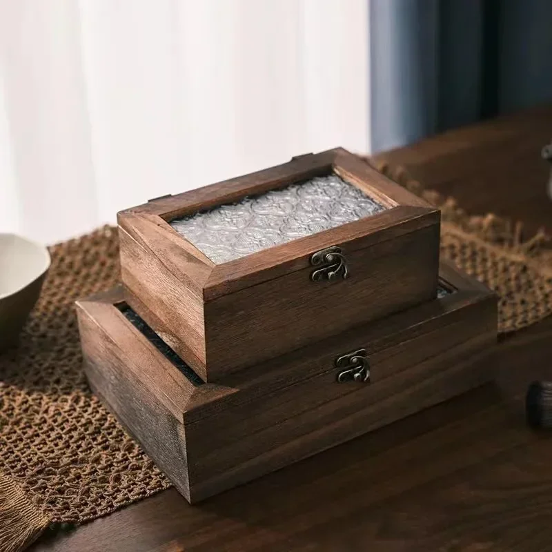 Haitang Flower Glass Storage Box Vintage Solid Wood Storage Cabinet Desktop Sorting Flipping Wooden BOX Makeup Table Decoration