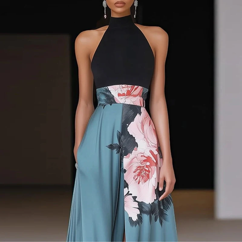 Elegant Floral Print High Waist Split Prom Dress Woman Sexy O Neck Patchwork Hollow Long Dress Summer Sleeveless Boho Maxi Dress