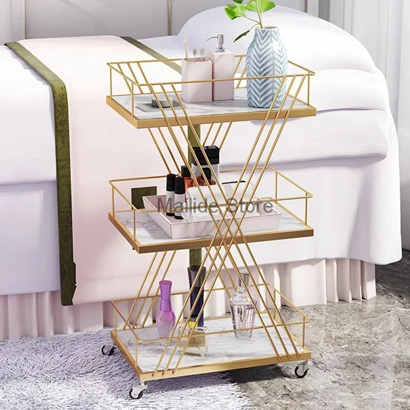 Iron Art Salon Trolleys Light Luxury Golden Rack Modern Salon Furniture Beauty Salon Trolley with Wheels Home Multi-layer Rack