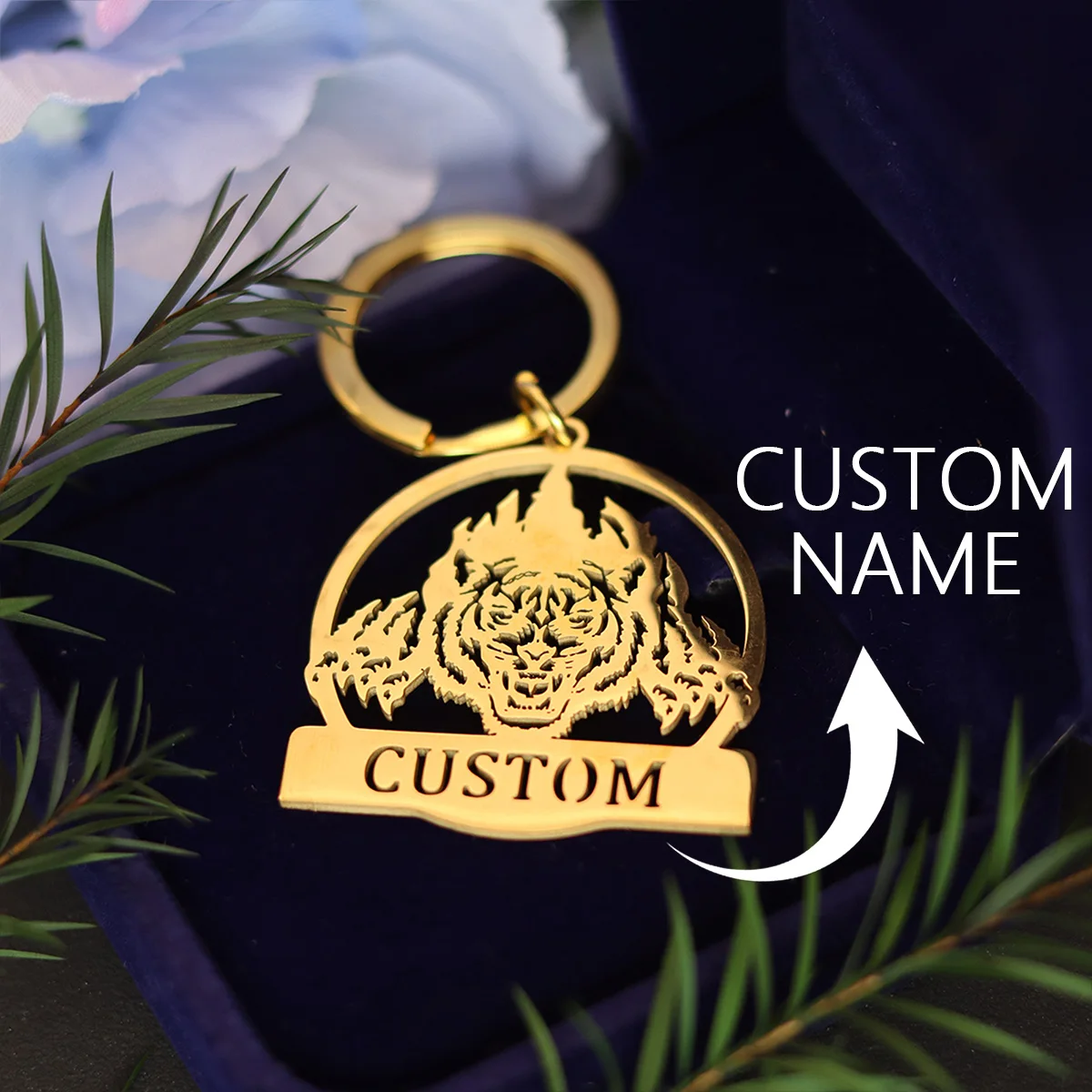 QIAMNI Custom Name Animal Keychain Stainless Steel Tiger Keyring Birthday Christmas Gifts Laser Engraved Nameplate Key Chain