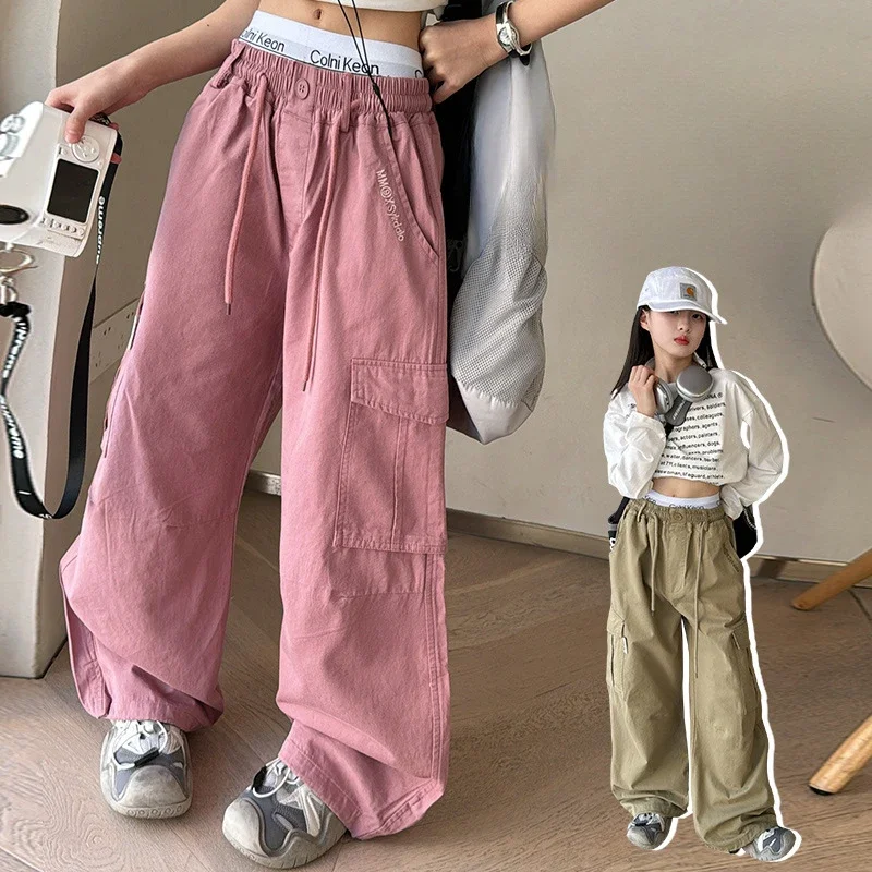 Girls Trousers Autumn Cargo Pants 2024 New Women Big Children Fashion Wide-leg Pants Children Loose Korean Simple Style