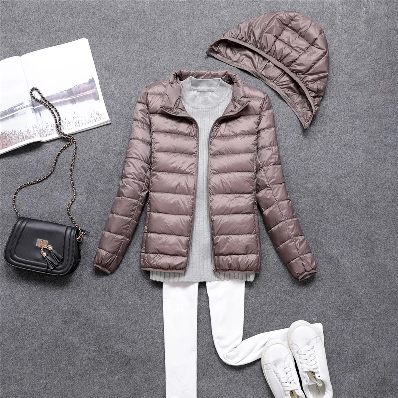 

Women Down Jacket Autumn Winter New Ultralight Thin Packable Fashion Short Puffer Coat Female Hat Detachable Slim Casual