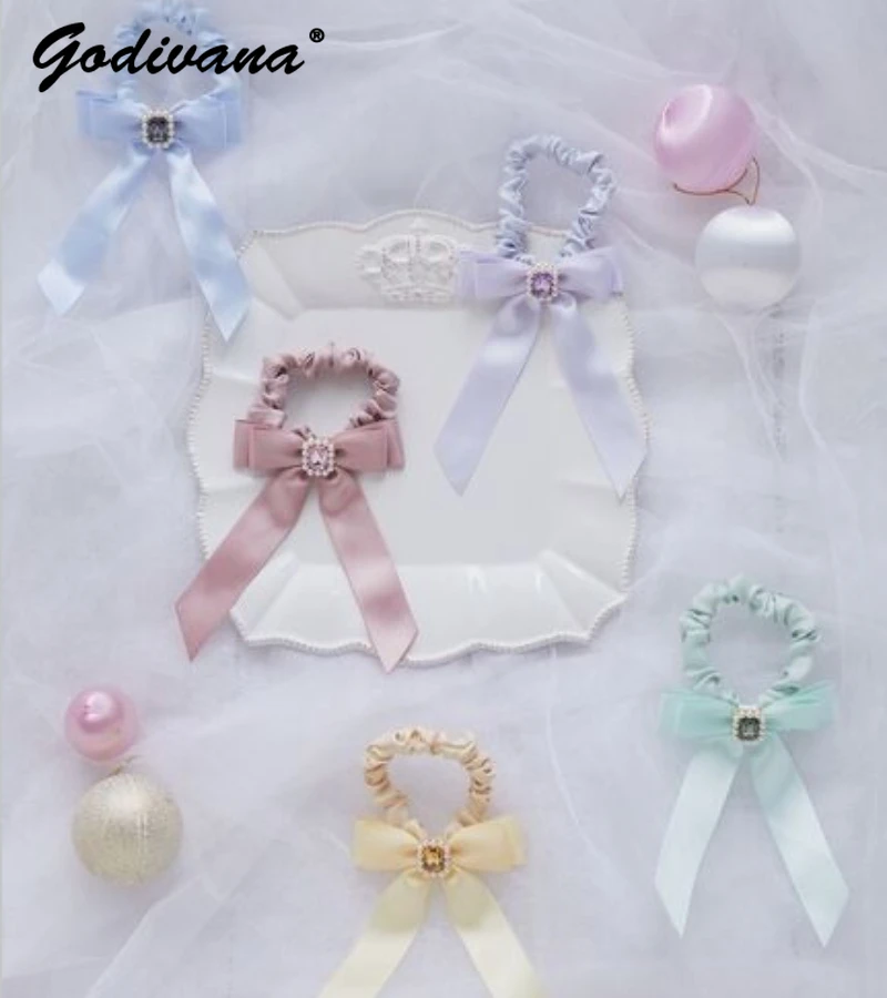 

Japanese Fashion All-Match New Pearl Rhinestone Ribbon Hair Ring Female Girls Satin Bow Hair Ties Sweet Headwear