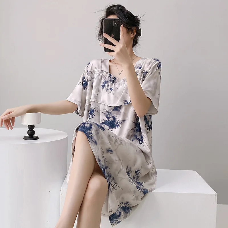 

Lightweight Short Sleeve Square Collar Cotton Silk Sleep Dress Artificial Cotton Mom Nightgown Indoor Wear Home Clothes