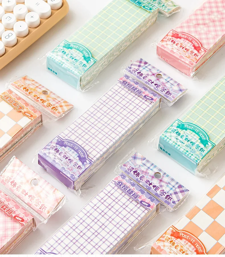 200 Sheets Cute Plaid Note Paper Tearable Non-sticky Decorative Material Long Rectangle Colorful Grid Memo Stationery