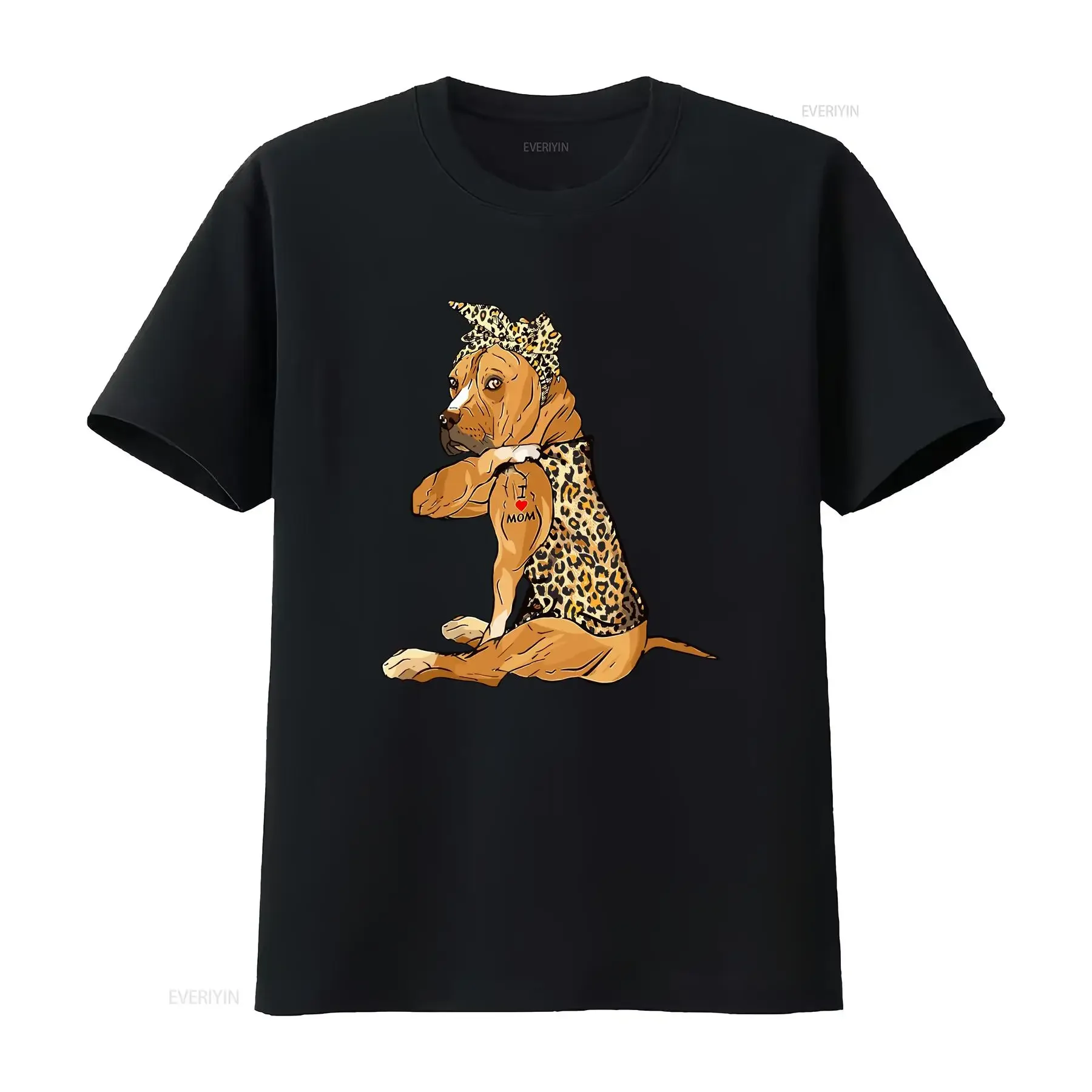 

I Love Mom Tattoo Funny Pitbull Dog With Bandana T Shirt vintage Washed Casual Stylish Breathable designer clothes graphic