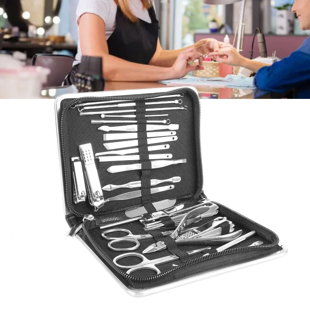 

Набор для ухода за ногтями из 26 предметов: практичный, острый, портативный, из нержавеющей стали, черный, для маникюра и педикюра