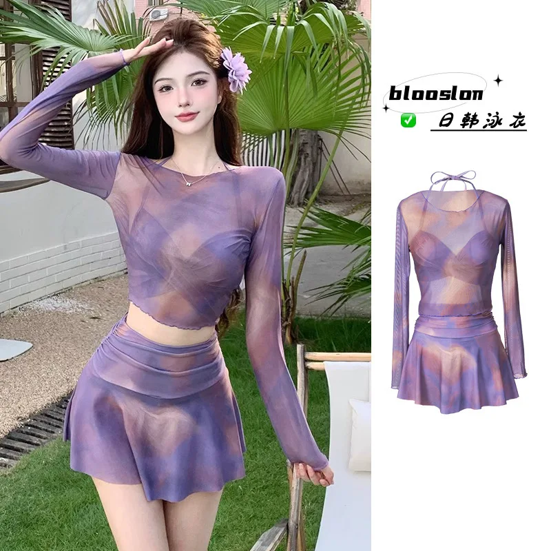 New Swimsuit for Women, Sexy Purple Mesh Bikini, See Through Buttock Skirt Set, Hot Spring Slimming Vacation