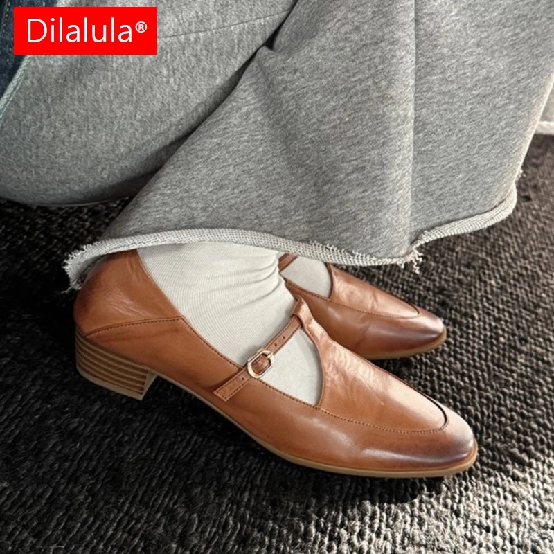 

Dilalula 2026, женские туфли-лодочки из натуральной кожи с Т-образным ремешком, осенняя обувь в стиле ретро на низком толстом каблуке с пряжкой, женская обувь для отдыха, платье
