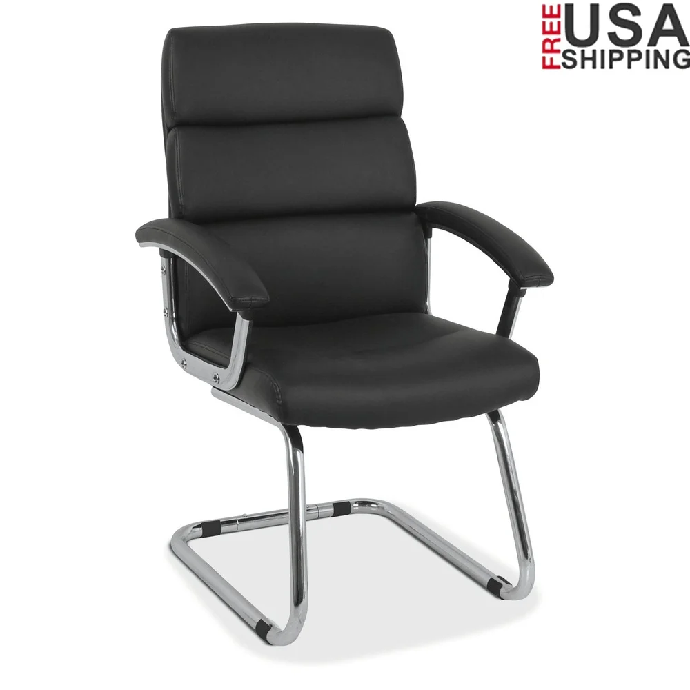 

Ergonomic Traction Guest Chair SofThread Leather Black Padded Armrests Chrome Base Indoor Computer Desk Seating 250lbs Capacity