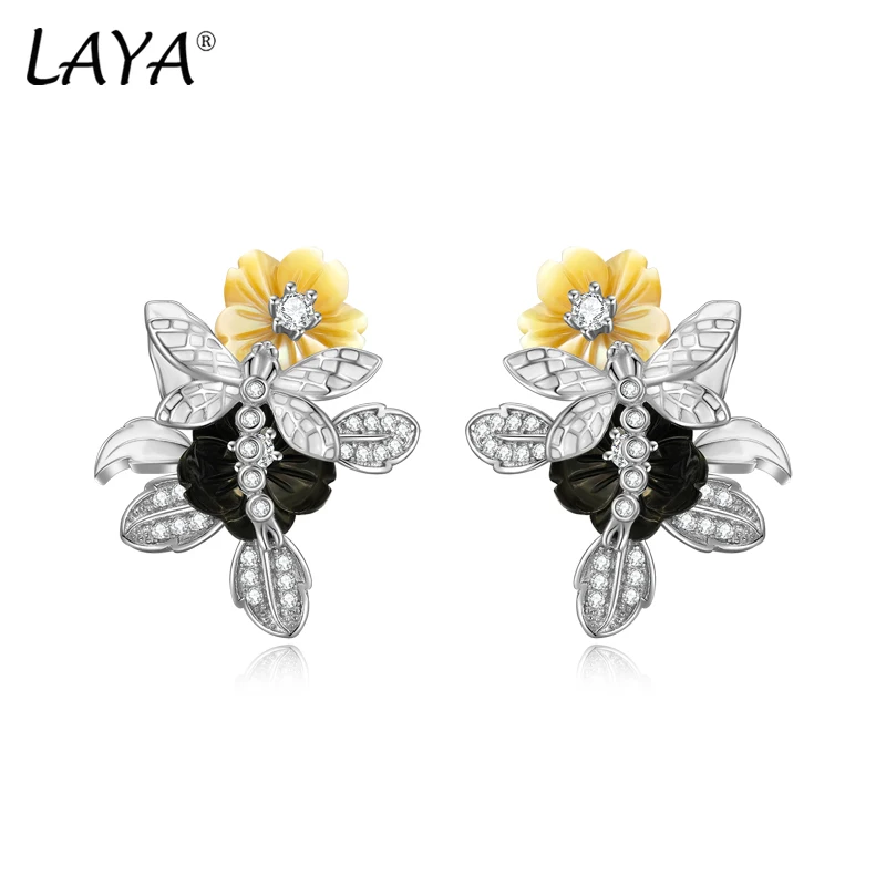 

Серьги LAYA для женщин желто-черная ракушка Цветок Белый блестящий циркон стерлингового серебра 925 пробы Дизайнерские модные ювелирные украшения на палец
