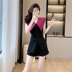 Design Fashion Set for Women Summer Navy Collar Waist Up Tops+High Waist Wide Leg Shorts Temperament Two-Pieces Set
