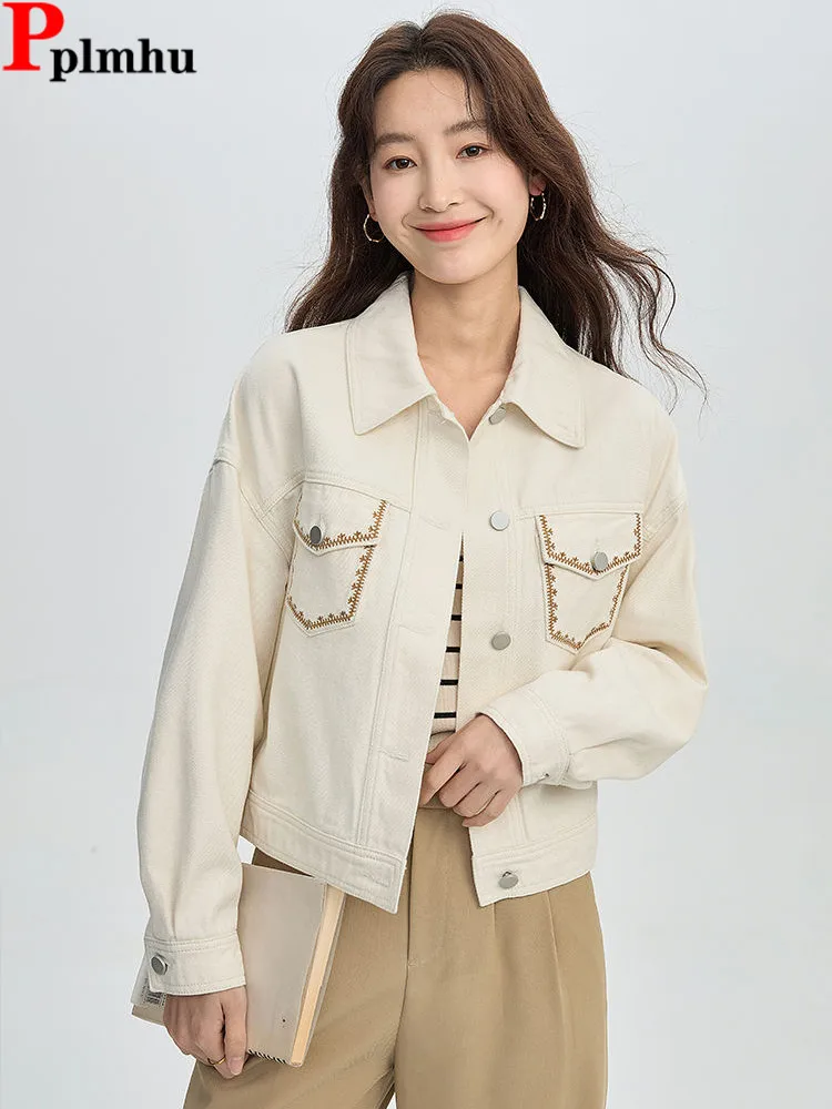 

Embroidery Beige Casual Denim Jackets Single Breasted Ceketler Korean Fashion Elegant Vintage Chaquetas Women Loose Chamarras