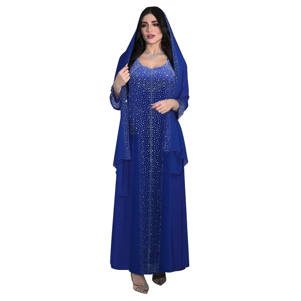 Abaya musulmana de Dubái para mujer, vestido musulmán de manga larga, gasa de diamante árabe, brillante vestido de fiesta