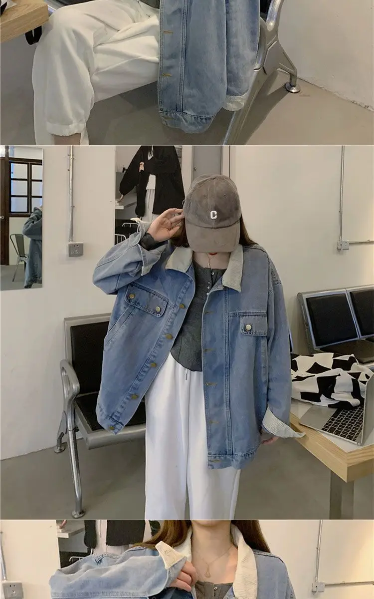 

Denim Coat Diamon Rhinestone Womens Fall Ribbed Belted Short School Sportswear Checked Embroidered Minimalism Turtleneck Jackets