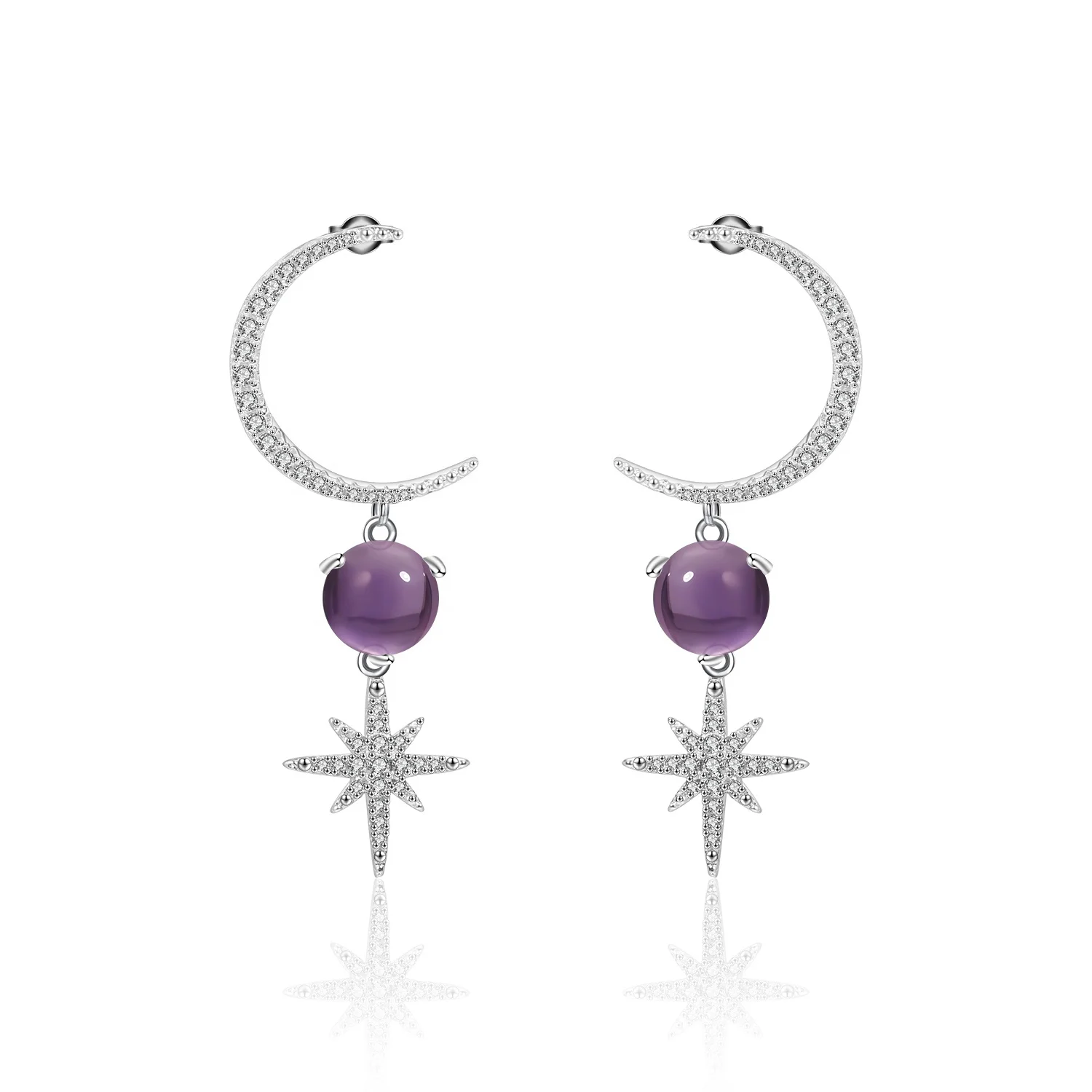 

Creative Lady Jewelry Earrings Micro Pave CZ Star-moon Natural Amethyst Luxury 925 Sterling Silver Earrings