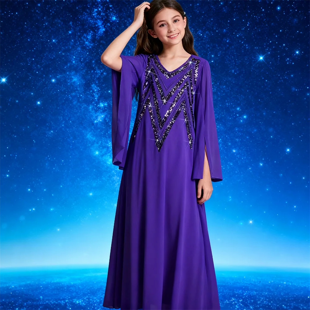 

Мусульманское платье макси для девочек, шифоновое Абая, Дубай, кафтан с блестками, вечерние платья, детский ислам, Джалабия, Марокко, кафтан, арабский халат