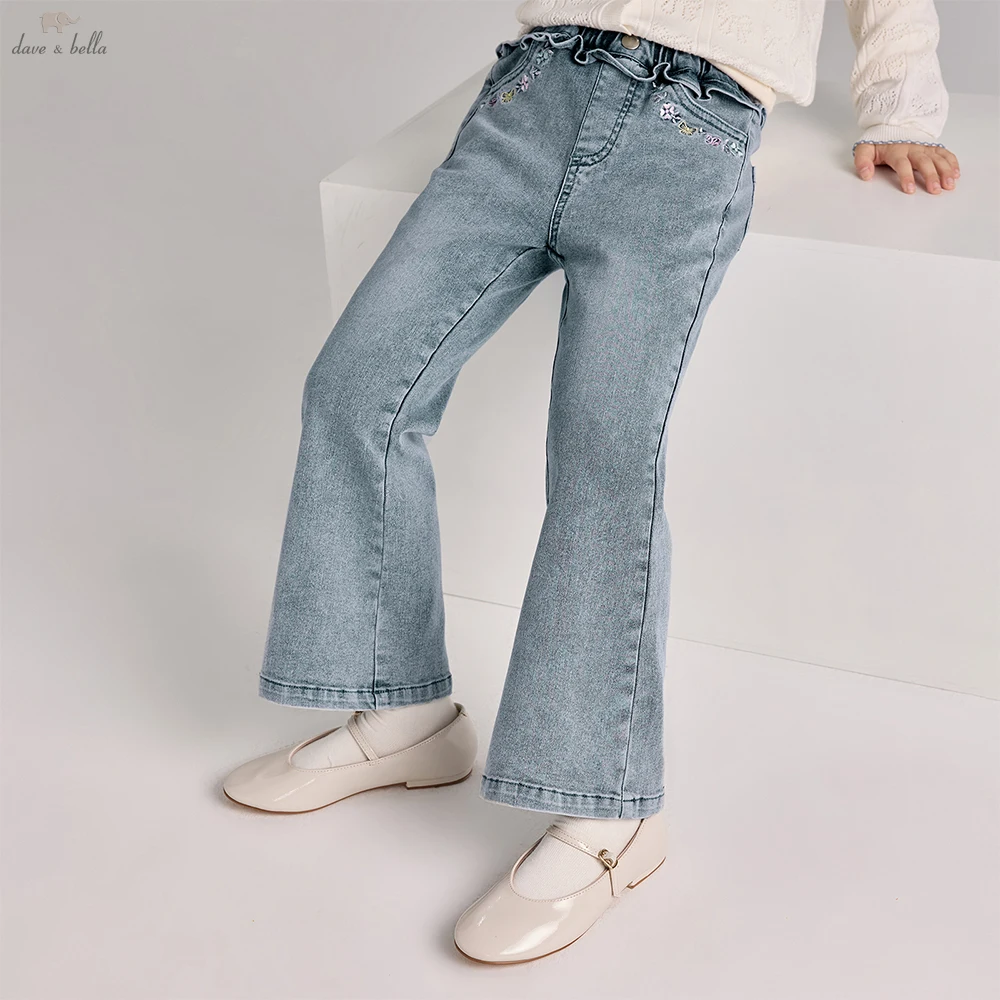 Dave Bella Spring Girl's Embroidery Pocket Pants Casual Elastic Waist Bootcut Jeans Trousers Kids Flare Formal Party DK1260988