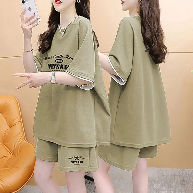 

Women's 2 025 Summer New Fashion Printed Short Sleeves Crop Tops and Shorts 2 Two piece Sets Large Size Pajamas Loose Loungewear