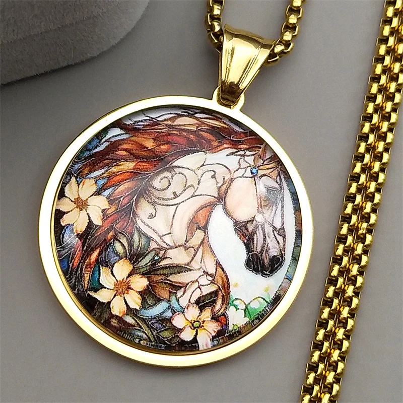 الفنية جدارية الحصان زهرة سلسلة للنساء الرجال الفولاذ المقاوم للصدأ الزجاج المهر الحيوان الشرير الذكور الفن قلادة قلادة مجوهرات هدايا #1