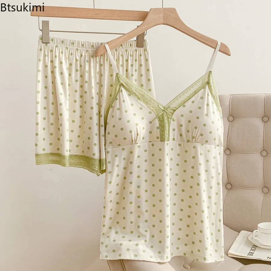 New Women's Summer Sleepwear Polka Dot Modal Sling Shorts Pajama Set V-Neck Chest Mat Comfortable and Sexy Home Clothes Ladies