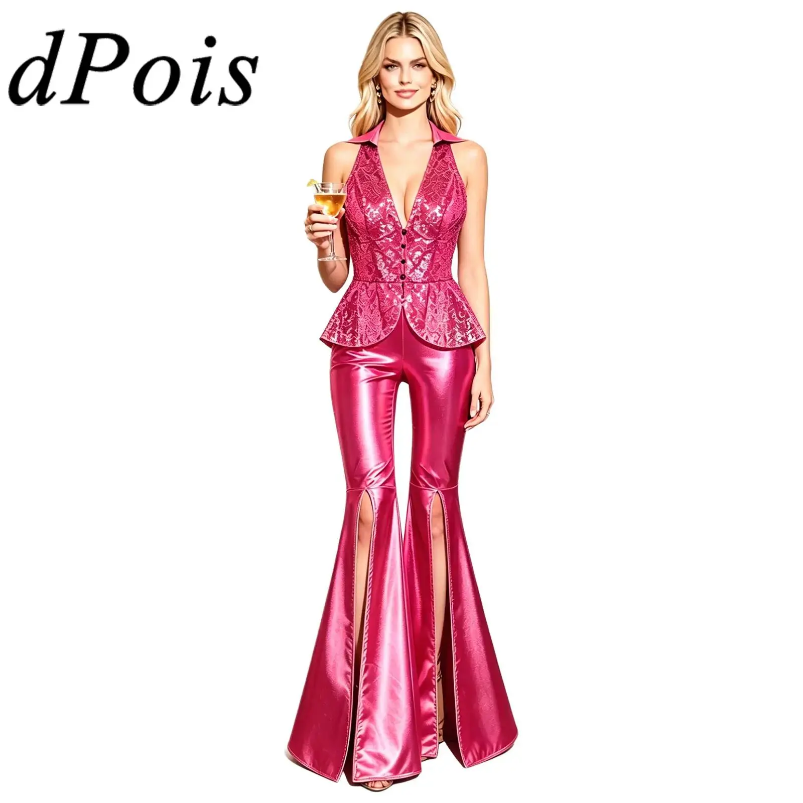 Damen Cocktail Festival Rave Outfit 70er 80er Disco Kostüm Clubbing Hosenanzüge Revers Pailletten Weste Tops Schlaghosen Anzüge