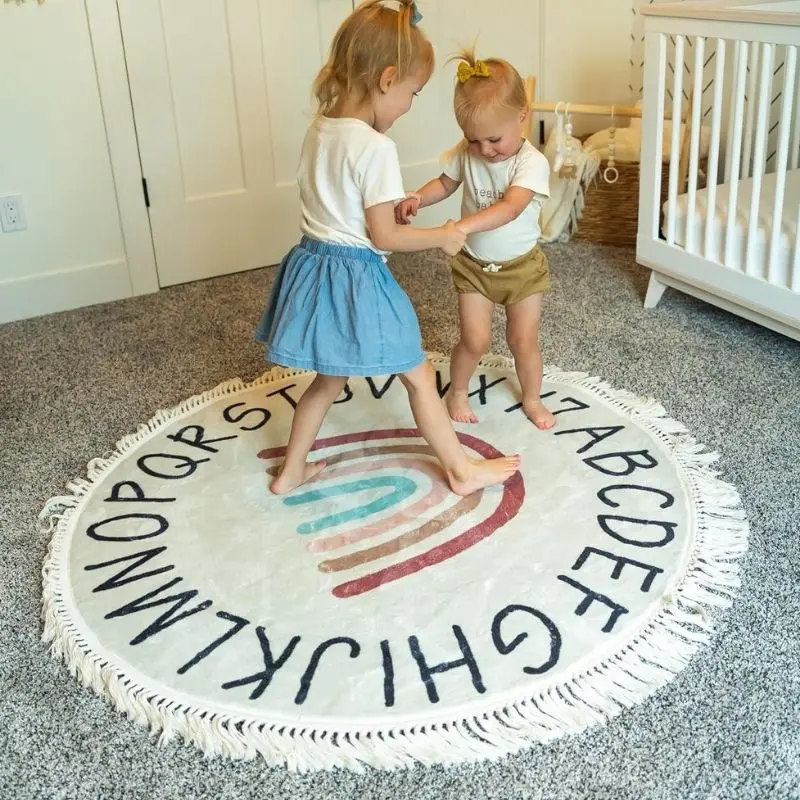 Rainbow Hairy Nursery Play Mats For Children,Round Fluffy Carpet For Living Room With Tassels, Plush Bedroom Rug,Soft Kids Rugs