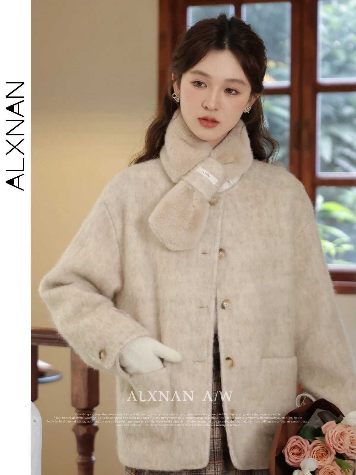 

ALXNAN Vintage Women's Wool Coat 2024 Autumn Winter Round Neck Single Breasted Long Sleeve Straight Cropped Outerwear LXN32925