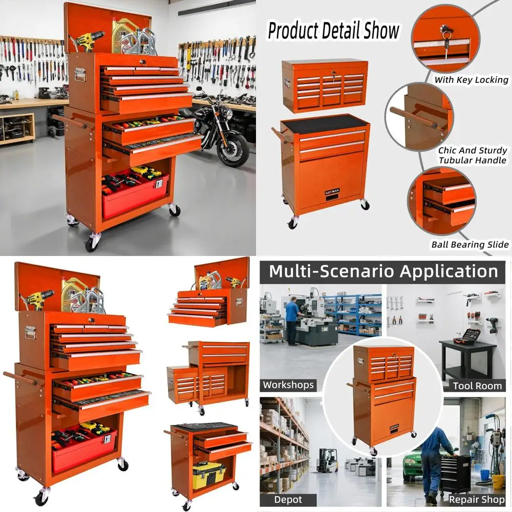 

Сверхмощный ящик для инструментов с 8 ящиками и замками, оранжевый металлический шкаф для хранения в мастерской