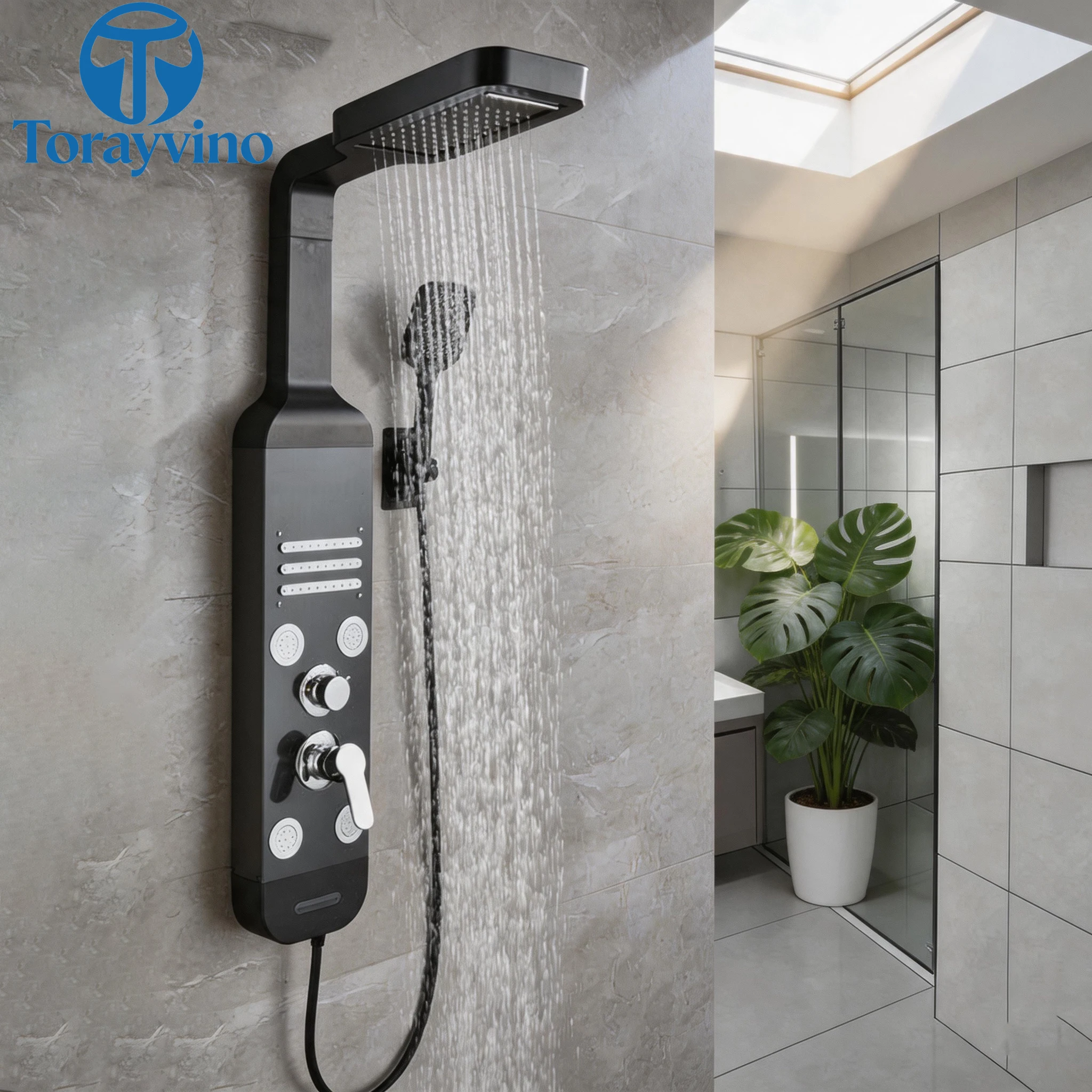 Torayvino Shower Panel Luxury Outdoor Stainless Steel Column 5 Shower Modes Rain Massage Bathroom Shower System Set Faucet Mixer