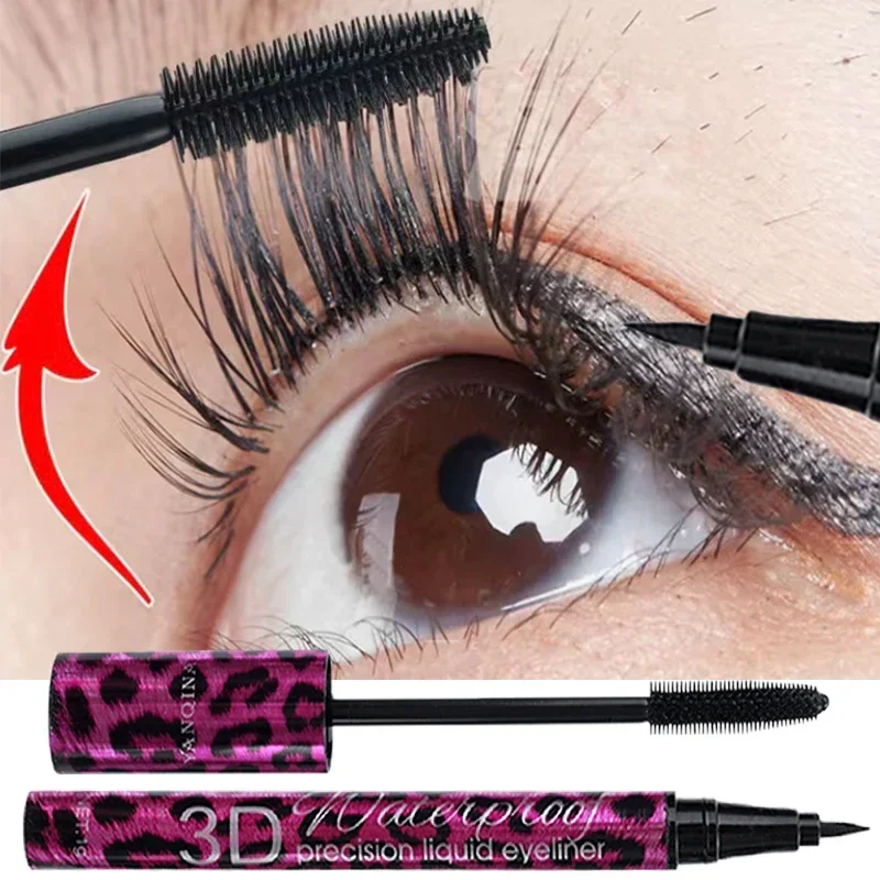 2-in-1 Eyeliner Mascara Set Dikke Curling 4D Mascara 3D Niet-vlekkende Vloeibare Eyeliner Potlood Blijvende Waterdichte Ogen Make-up Gereedschap