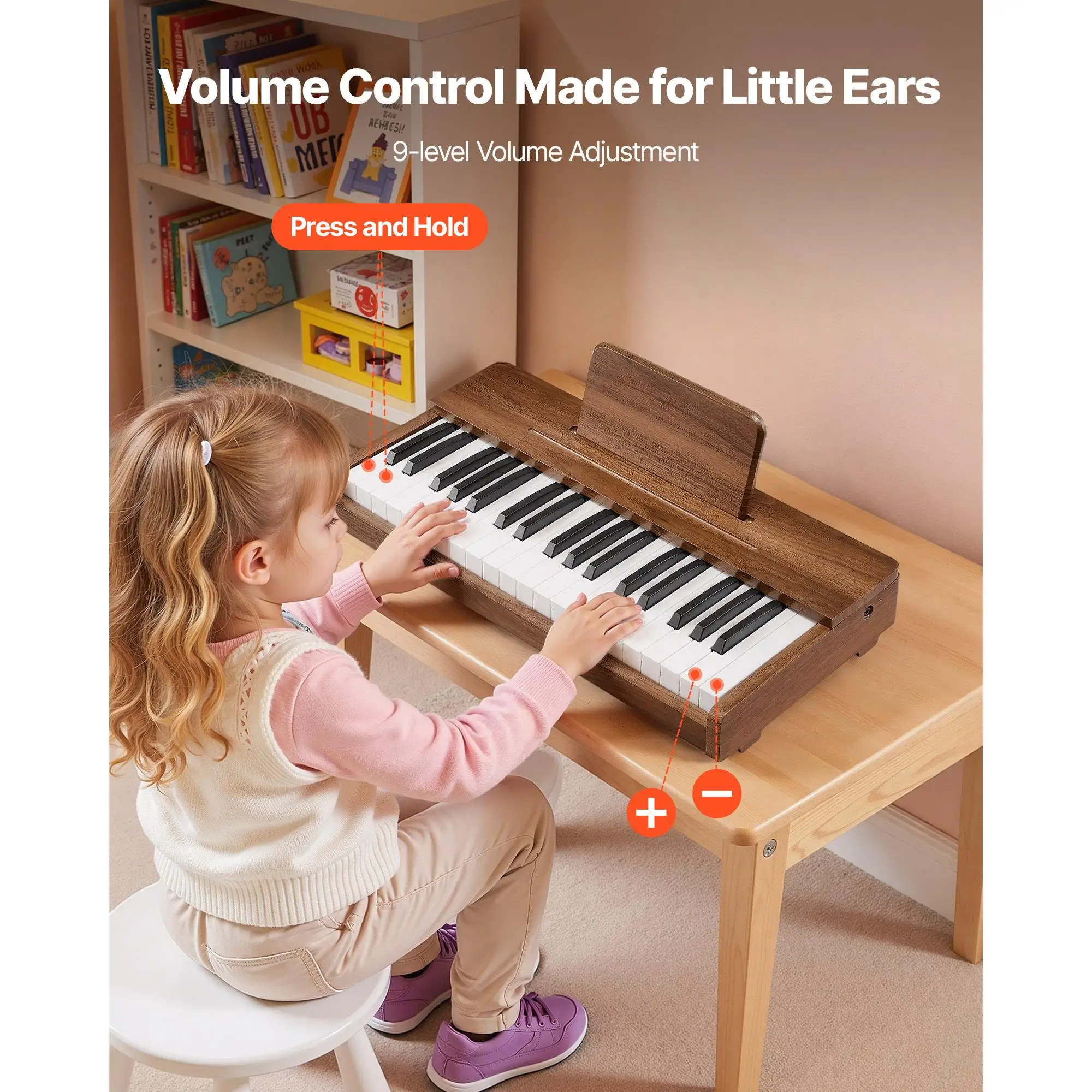 Wooden 37 Key Digital Piano Keyboard for kids Educational Music Instrument Toy with Realistic Sound Adjustable Volume Dual Power for toddlers Boys and Girls Walnut