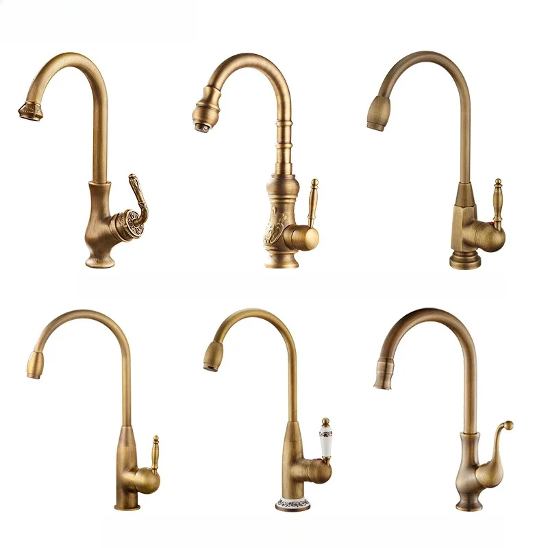 

Антикварный полностью медный кухонный смеситель, европейский ретро-настольный смеситель для раковины, вращающийся бытовой смеситель для горячей и холодной воды