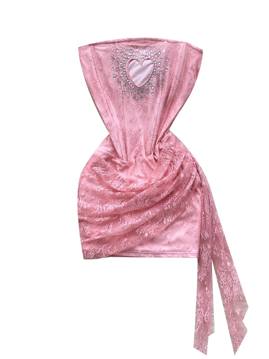 Foamlina Abito a tubino con stelle filanti in rete jacquard con strass ritagliati a cuore Mini abito romantico chic estivo da donna in vita francese