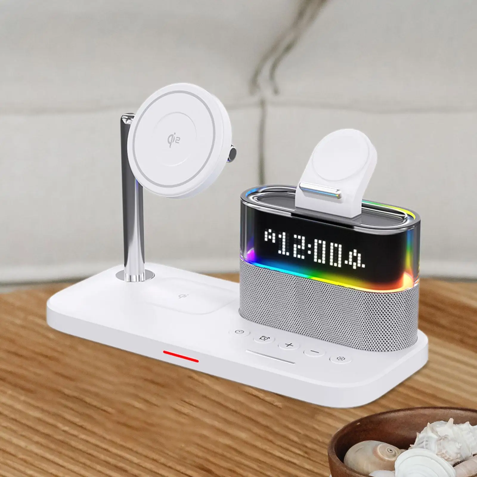 3 in 1 Charger Stand Multifunction RGB Light with Alarm Clock Watch Earbuds Phone Charger Station for Home Bedroom Indoor Office