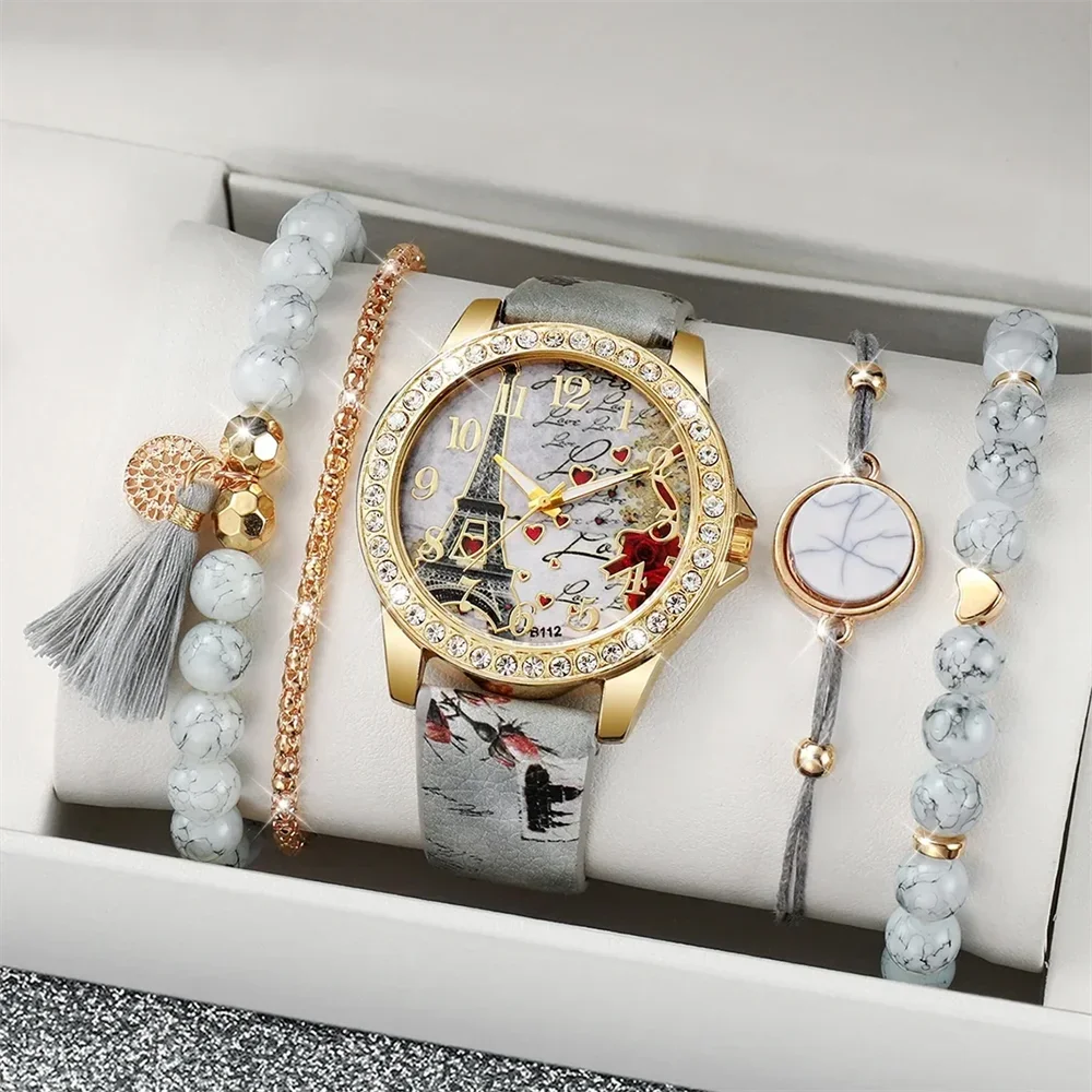 AAA5 Pcs/set Women's Fashion Clock European and American Classic Retro Quartz Watch with Exquisite Fringe Bracelet Set